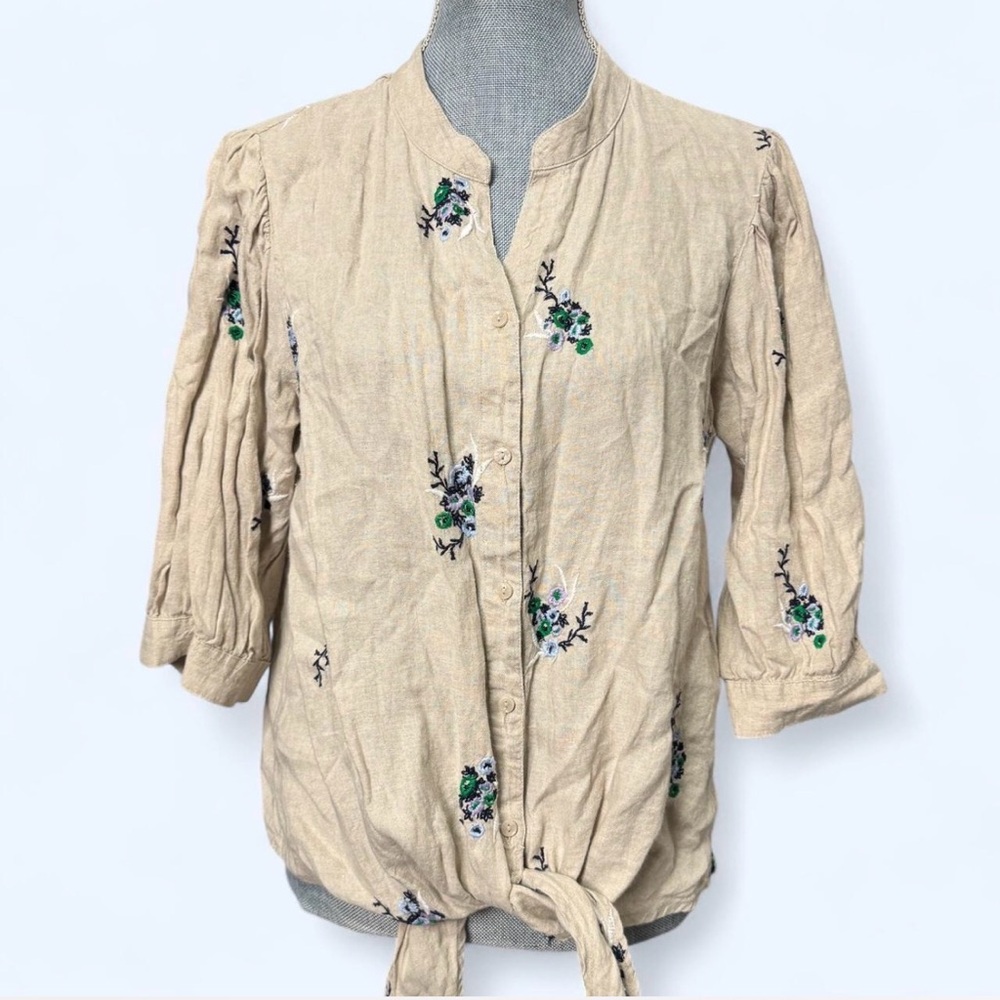 Charter Club Sz L Linen Floral Embroidery Blouse Tie-Front Boho Coastal Cottage